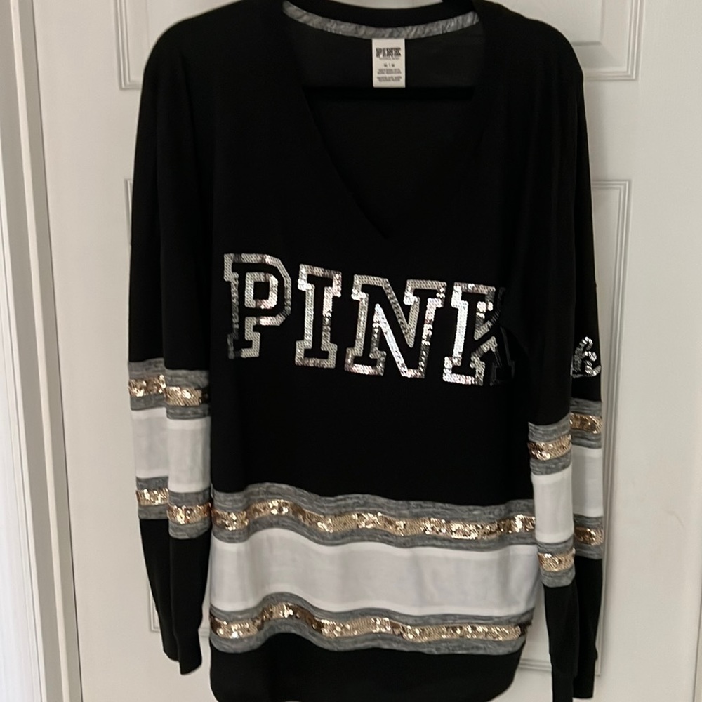 Long sleeve, black, gold and gray sequined Victoria’s Secret T-shirt